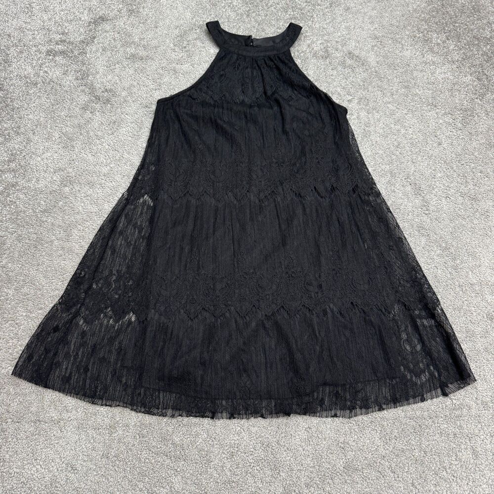 ASTR Trapeze Mini Dress Women XS Black Lace High Neck Halter Sheer Elegant Party